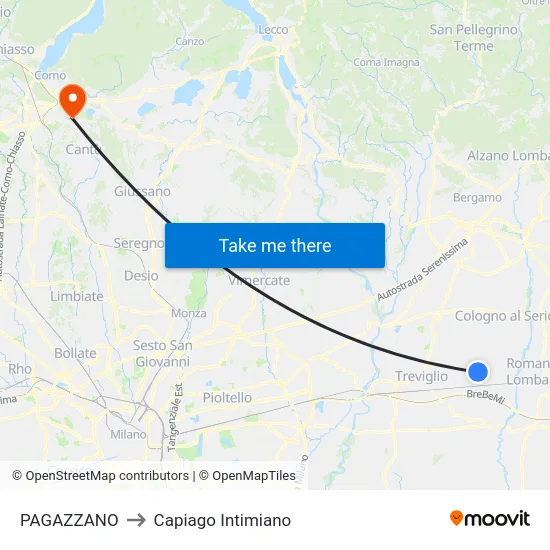 PAGAZZANO to Capiago Intimiano map