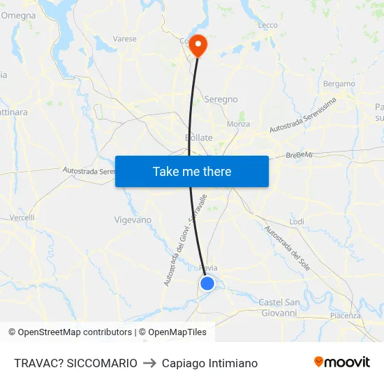 Travacò Siccomario to Capiago Intimiano map