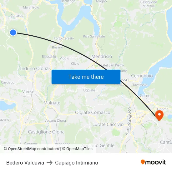 Bedero Valcuvia to Capiago Intimiano map