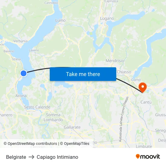 Belgirate to Capiago Intimiano map