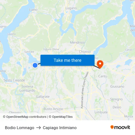 Bodio Lomnago to Capiago Intimiano map