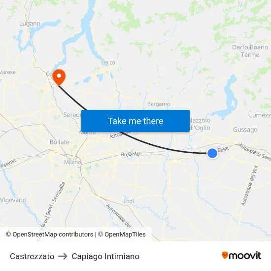 Castrezzato to Capiago Intimiano map