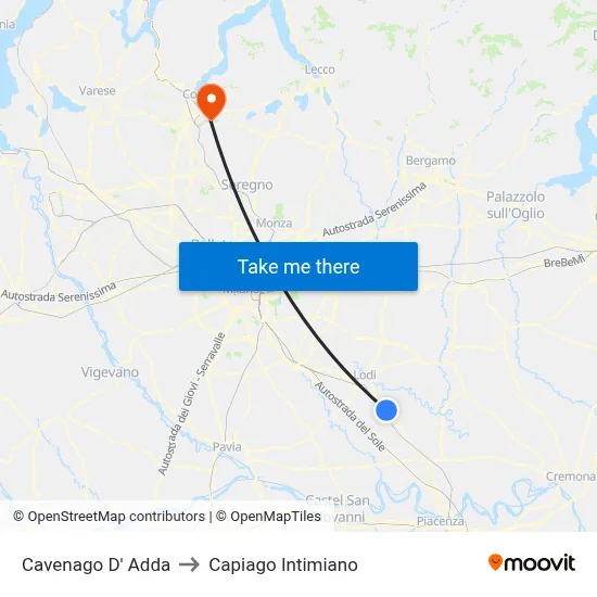 Cavenago D' Adda to Capiago Intimiano map