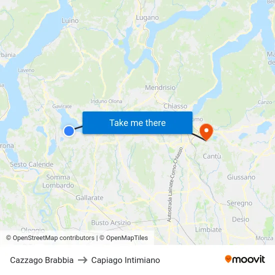 Cazzago Brabbia to Capiago Intimiano map