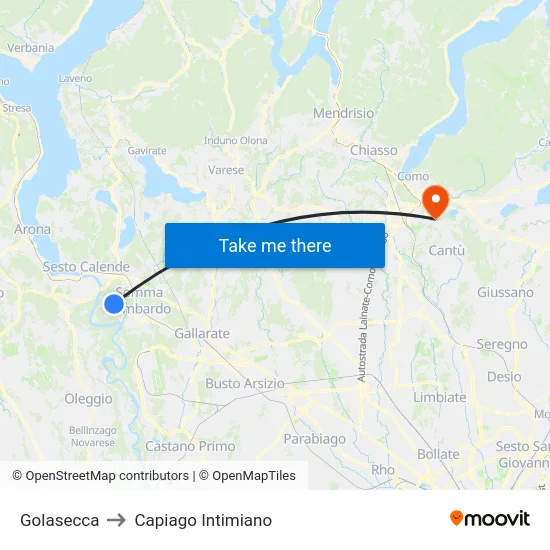 Golasecca to Capiago Intimiano map