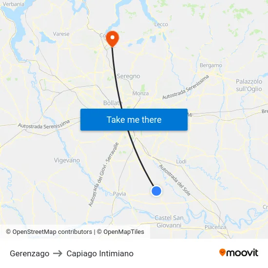 Gerenzago to Capiago Intimiano map
