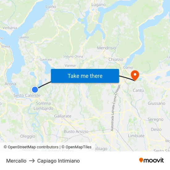 Mercallo to Capiago Intimiano map