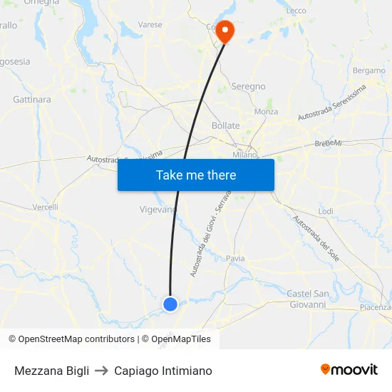 Mezzana Bigli to Capiago Intimiano map