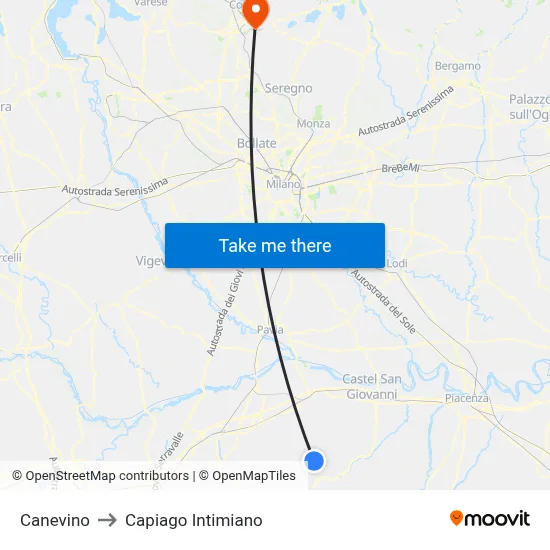 Canevino to Capiago Intimiano map