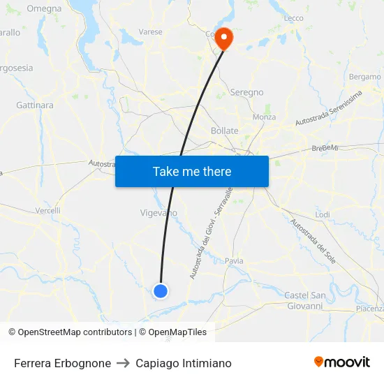 Ferrera Erbognone to Capiago Intimiano map