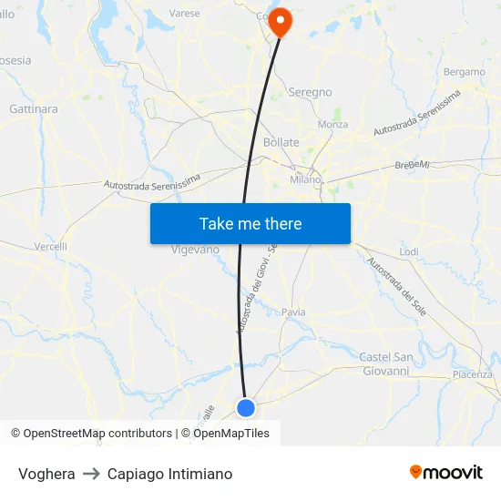 Voghera to Capiago Intimiano map