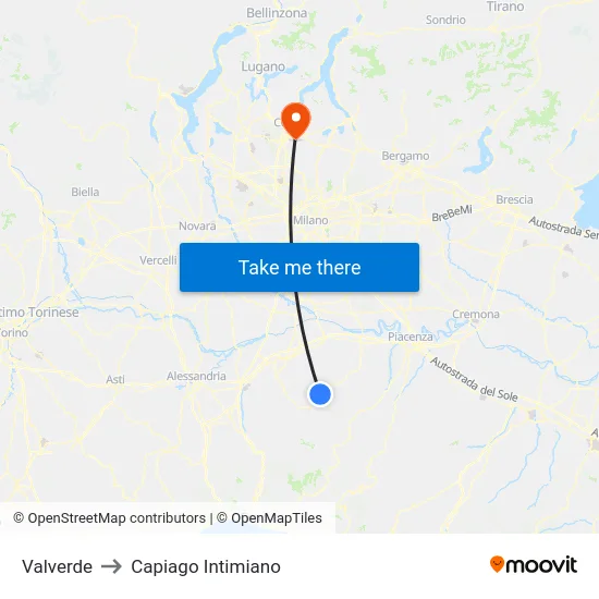 Valverde to Capiago Intimiano map
