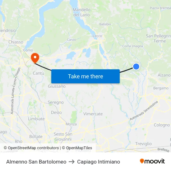 Almenno San Bartolomeo to Capiago Intimiano map