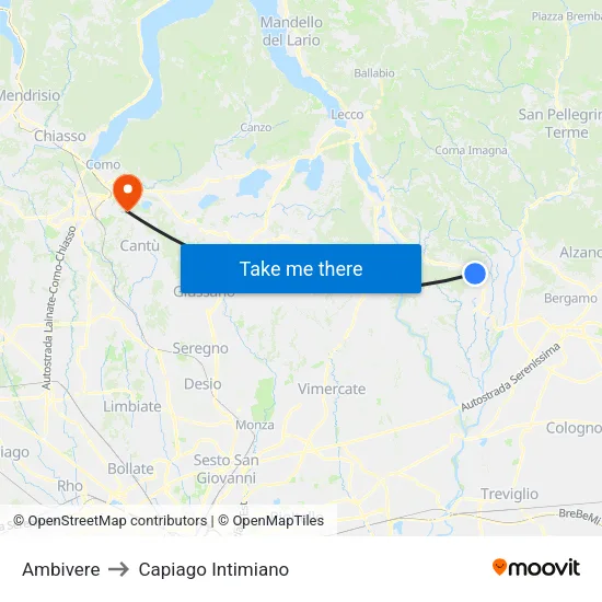 Ambivere to Capiago Intimiano map