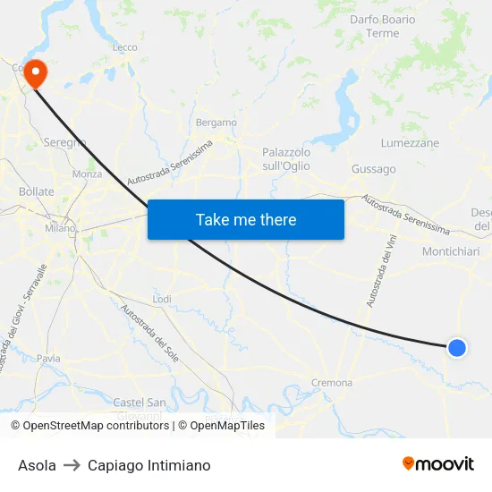 Asola to Capiago Intimiano map