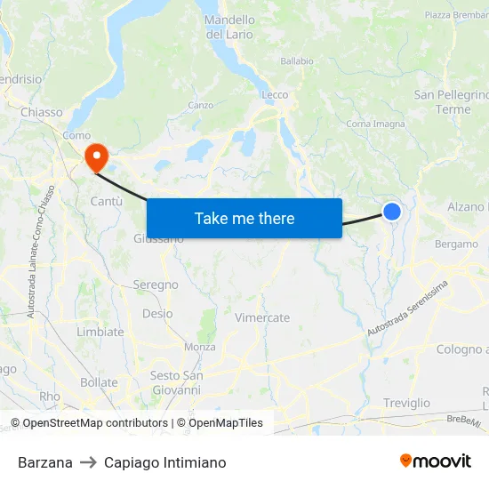 Barzana to Capiago Intimiano map