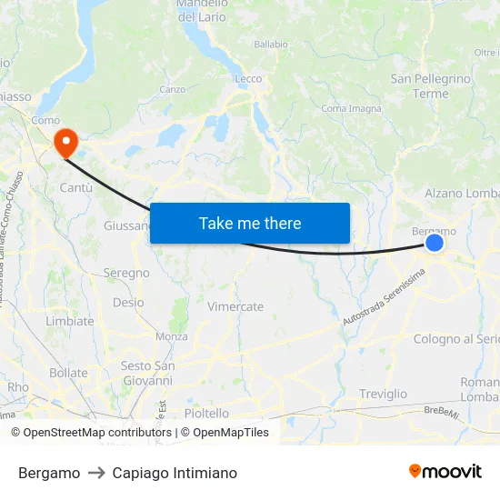 Bergamo to Capiago Intimiano map