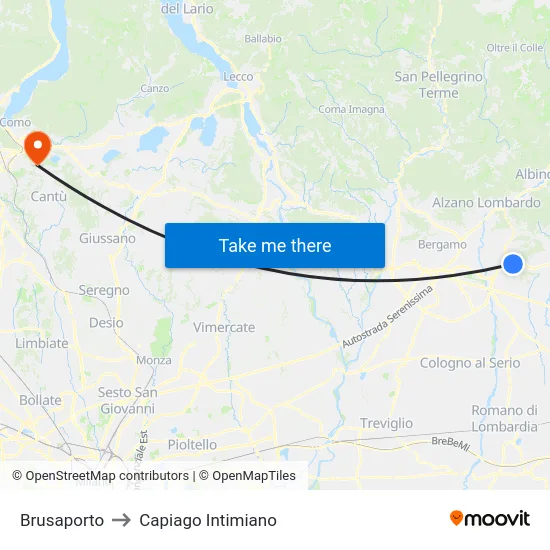 Brusaporto to Capiago Intimiano map