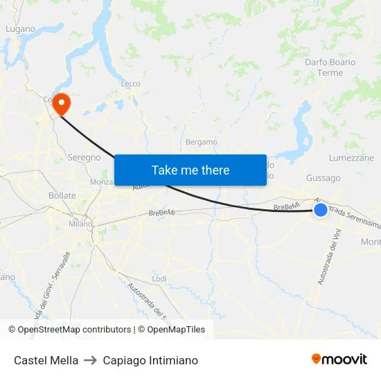 Castel Mella to Capiago Intimiano map