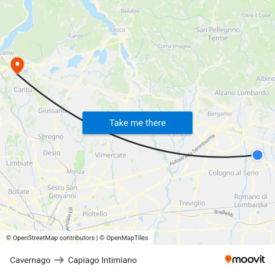 Cavernago to Capiago Intimiano map