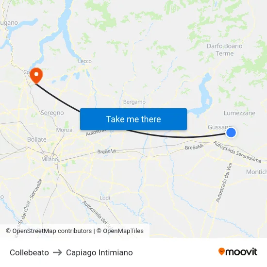 Collebeato to Capiago Intimiano map