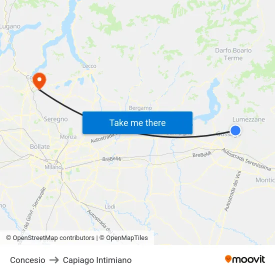 Concesio to Capiago Intimiano map