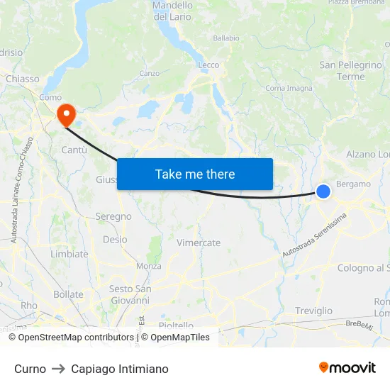 Curno to Capiago Intimiano map
