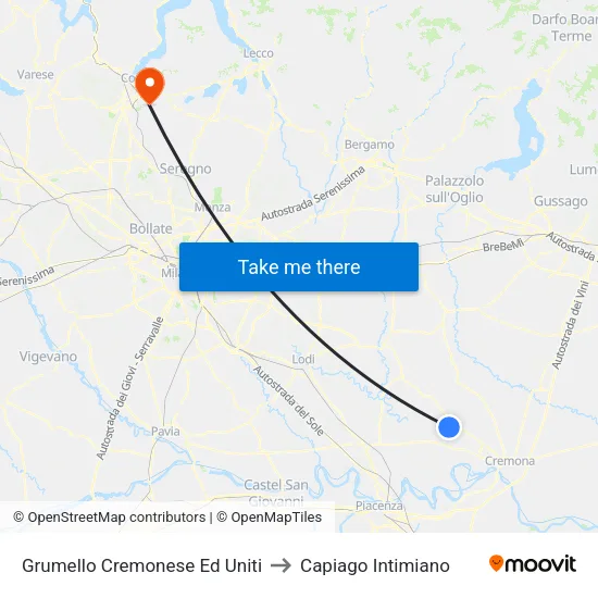 Grumello Cremonese Ed Uniti to Capiago Intimiano map