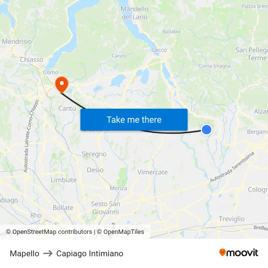 Mapello to Capiago Intimiano map