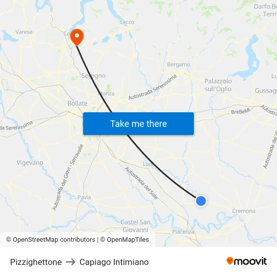 Pizzighettone to Capiago Intimiano map