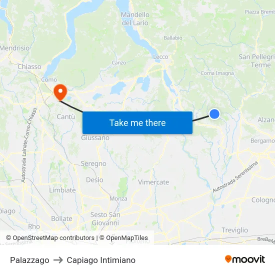 Palazzago to Capiago Intimiano map