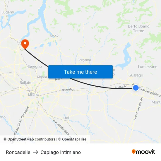 Roncadelle to Capiago Intimiano map