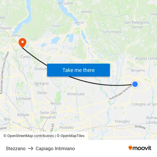Stezzano to Capiago Intimiano map