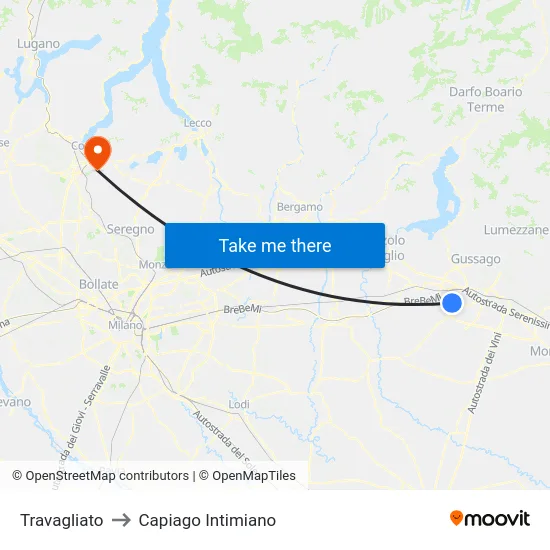 Travagliato to Capiago Intimiano map