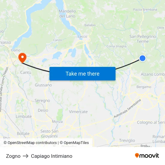 Zogno to Capiago Intimiano map
