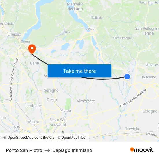 Ponte San Pietro to Capiago Intimiano map