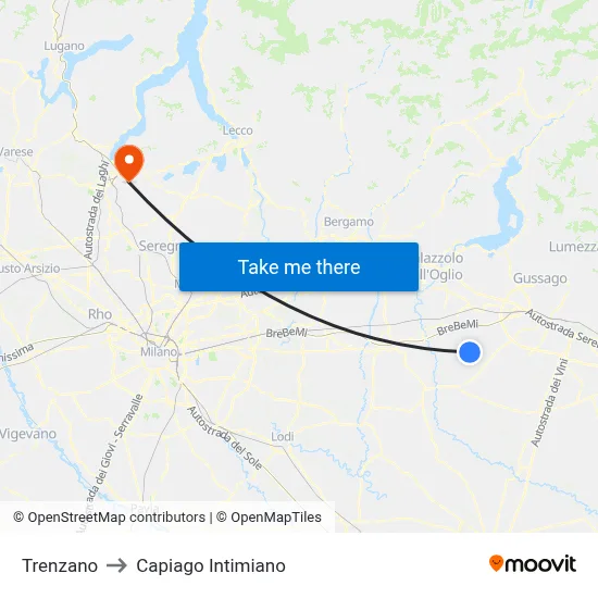 Trenzano to Capiago Intimiano map