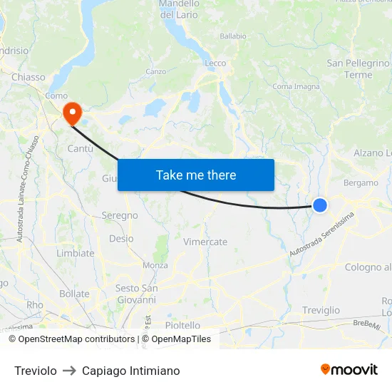 Treviolo to Capiago Intimiano map