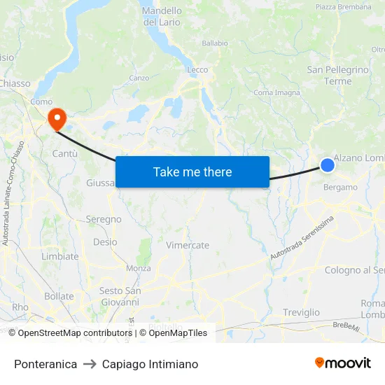 Ponteranica to Capiago Intimiano map