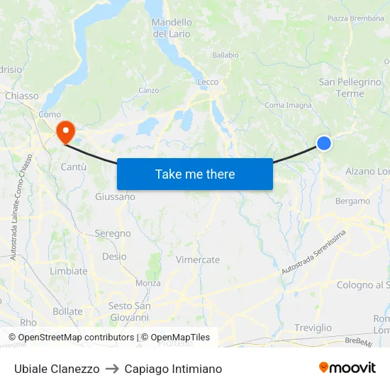 Ubiale Clanezzo to Capiago Intimiano map
