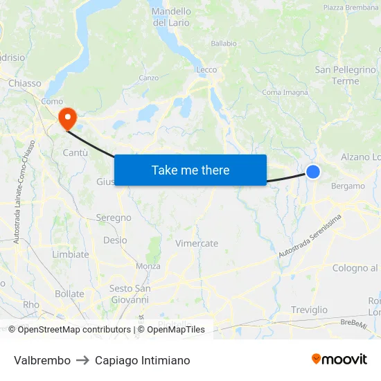 Valbrembo to Capiago Intimiano map