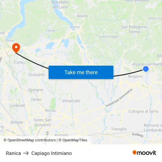 Ranica to Capiago Intimiano map