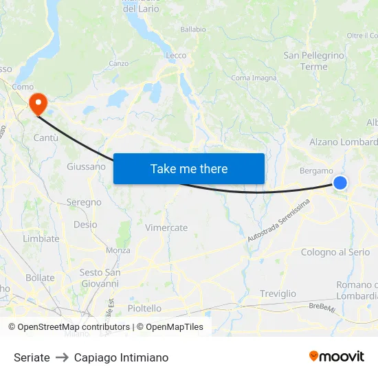Seriate to Capiago Intimiano map