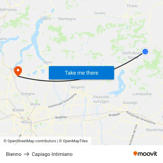 Bienno to Capiago Intimiano map