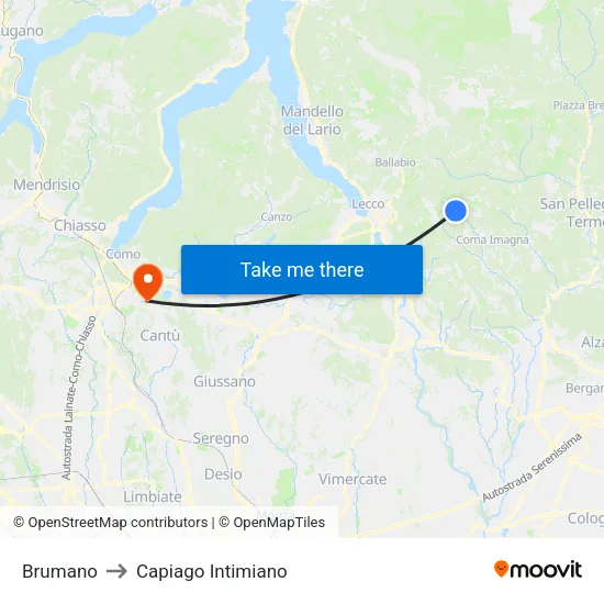 Brumano to Capiago Intimiano map
