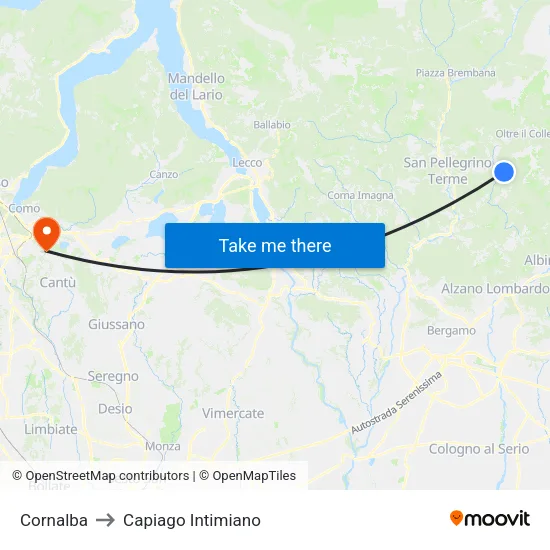 Cornalba to Capiago Intimiano map