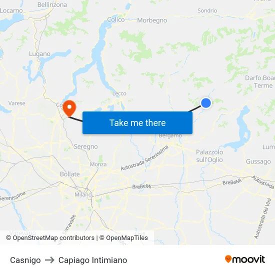 Casnigo to Capiago Intimiano map