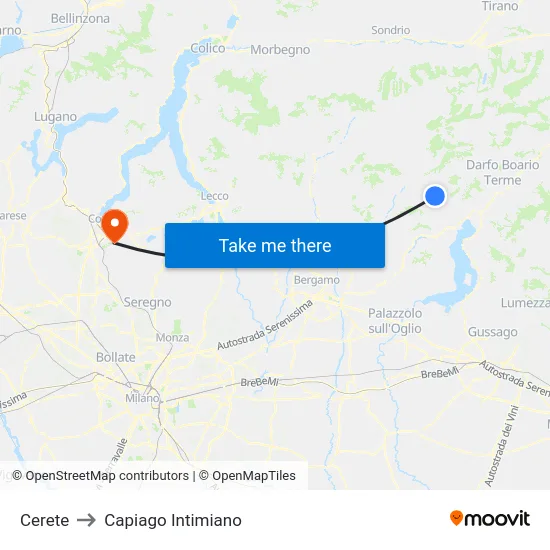 Cerete to Capiago Intimiano map