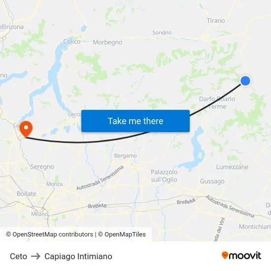 Ceto to Capiago Intimiano map