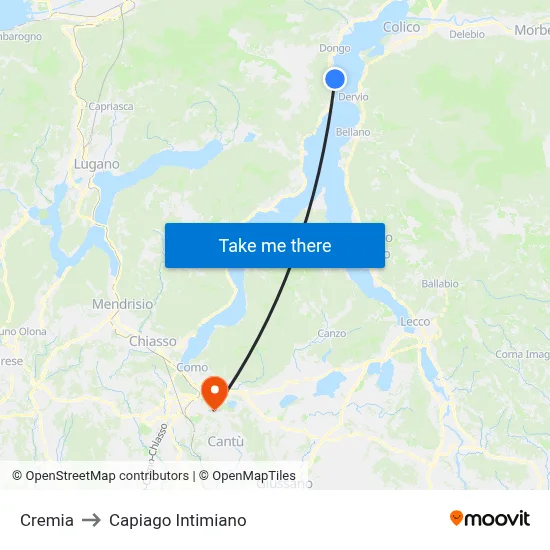 Cremia to Capiago Intimiano map